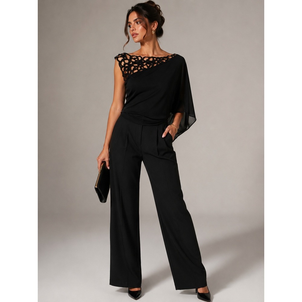 Robbi & Nikki Black Asymmetrical Lace Neck Batwing Sleeve Blouse M Cocktail Glam